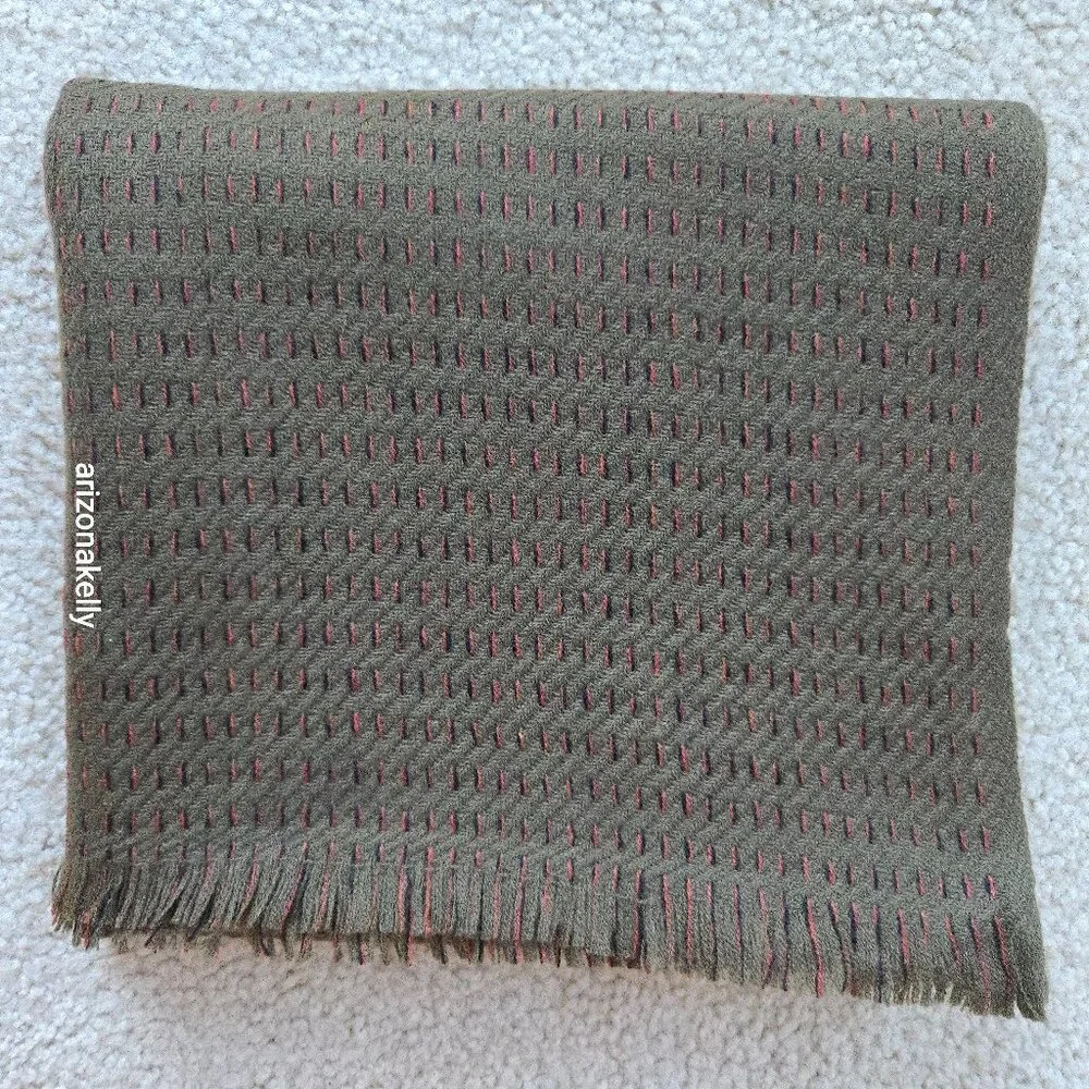 NWOT Cashmere Woven Scarf Olive Green With Black + Orange Weave Detail